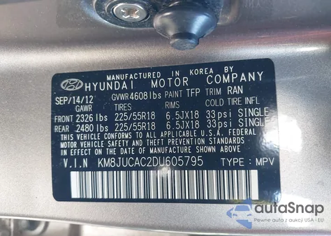 2013 Hyundai Tucson Limited z USA, uszkodzony, nr VIN KM8JUCAC2DU605795